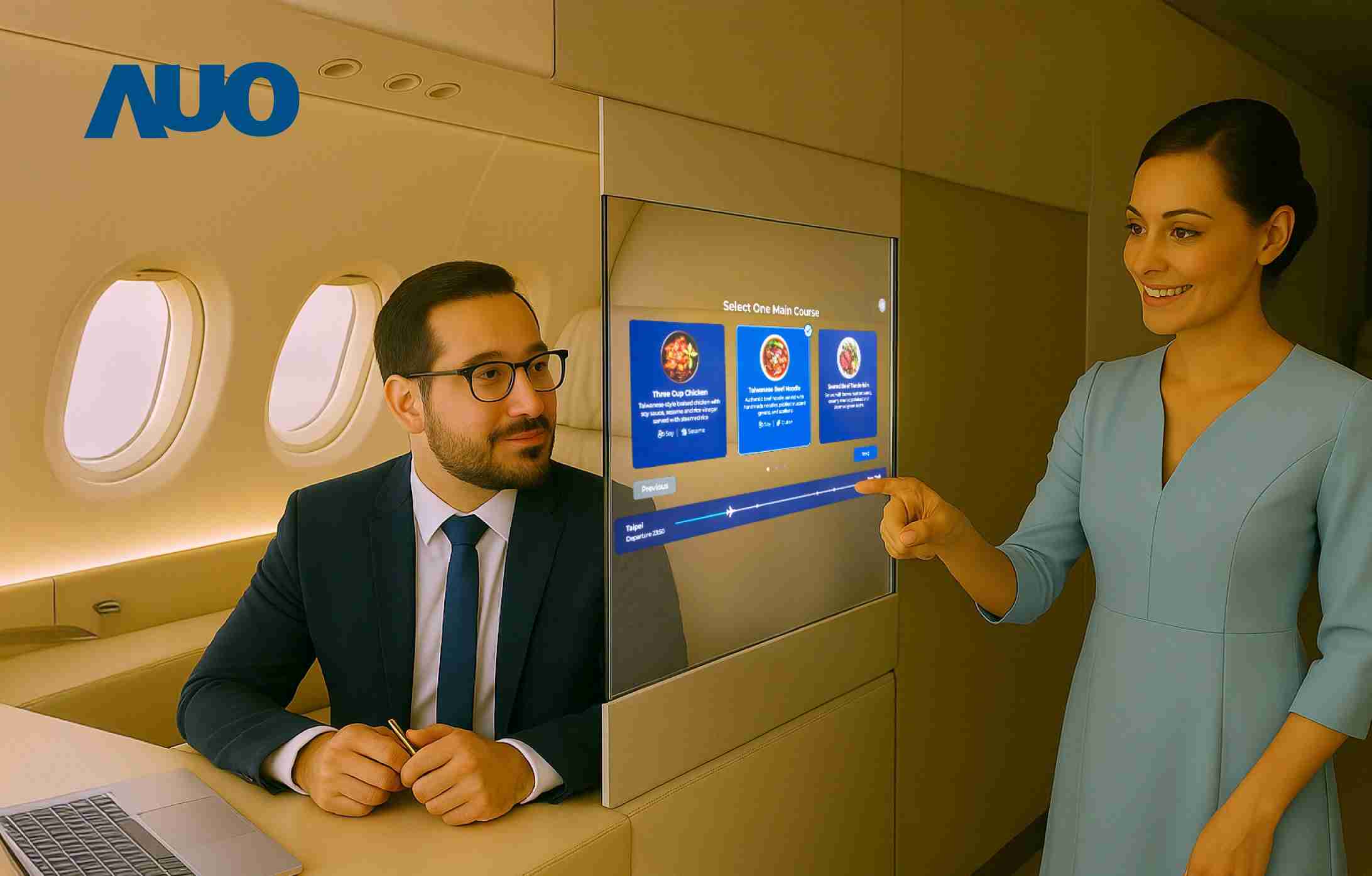 财神娱乐研发全球最薄17.3 吋双面透明 Micro LED 显示器，，可在同一屏幕之双边投射不同信息，，，，创造独特的”透明化”互动；图为实时翻译交流应用情境