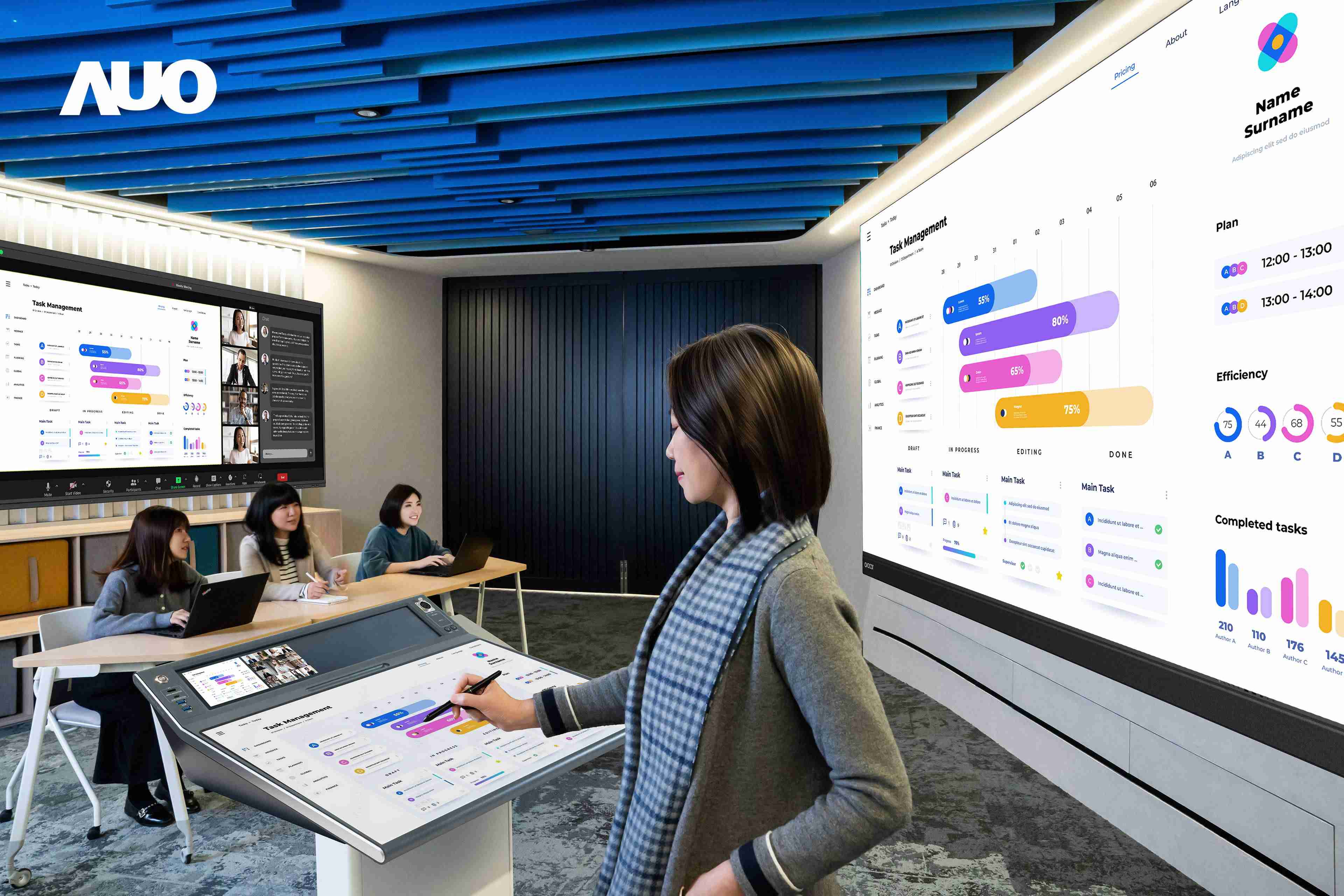 达擎携手Avocor与Rise Vision展示全方位商务领域应用，，包含采用模块化设计的138吋一体式All-in-One LED显示器及具21:9超宽比例的92吋交互式电子白板（IFPD），，，讲者可轻松分享内容，，有效提升会议协作效率。。